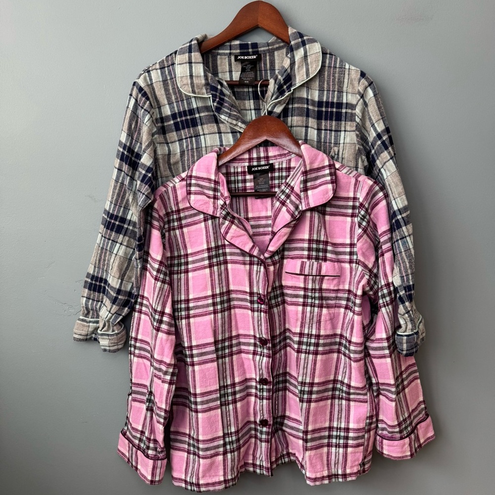 Joe Boxer Set of 2 Pink & Blue Plaid Pajama Shirts Shimmer Detail Medium